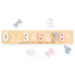 Jollein Holz Zahlenpuzzle Steckspiel Rosa - Personalisiert mit Geburtsdaten und Name Lasergravur - 105-001-65335
