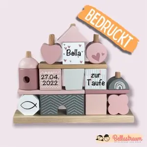 Taufgeschenk Steckspiel Haus rosa Label-Label Personalisierbar mit Taufdatum und Namen bedruckt