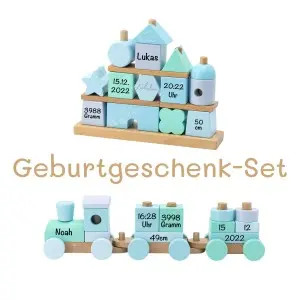 Babygeschenk Stapel- und Steckspiel Haus blau Liebelini Personalisierbar mit Geburtsdaten und Namen Liebe-2001 bedruckt