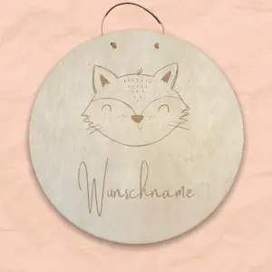 20 cm Personalisiertes Namensschild mit Tiermotiv "Fuchs" aus Holz mit Name