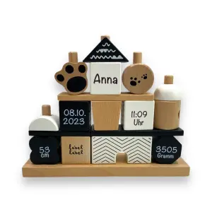 Babygeschenk Stapel- und Steckspiel Haus Panda Label-Label Personalisierbar mit Geburtsdaten und Namen LLWT-25095
