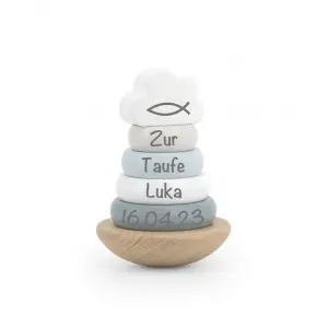 Label Label - Ring-Stapelturm - Stapelturm aus Holz Blau - Personalisiert mit Namen Geburtsdaten Baby Junge LLWT-25231