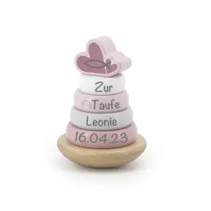 Label Label - Stapelturm - Stapelturm aus Holz Rosa - Personalisiertes Taufgeschenk - Geschenk zur Taufe für Baby und Kind