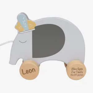 Tryco Holz Nachziehtier Elefant blau Nachziehspielzeug personalisiert mit Geburtsdaten und Lasergravur Taufgeschenk mit Taufdatum Alles Gute zur Taufe